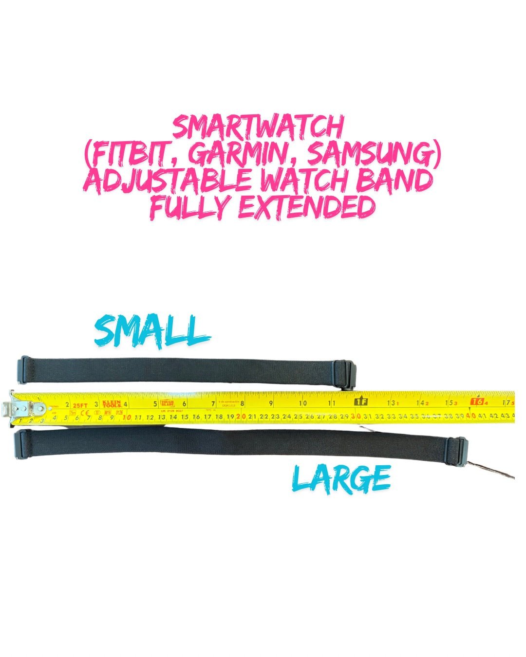 Size chart shows a ruler and lengths of the fully extended large and small Ladyspinedoc Adjustable Bicep Smartwatch Bands for other smartwatches (such as Fitbit, Garmin, and Samsung).