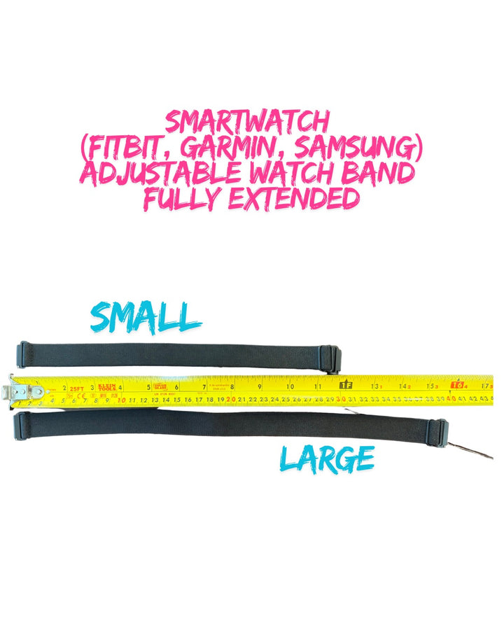 Size chart shows a ruler and lengths of the fully extended large and small Ladyspinedoc Adjustable Bicep Smartwatch Bands for other smartwatches (such as Fitbit, Garmin, and Samsung).