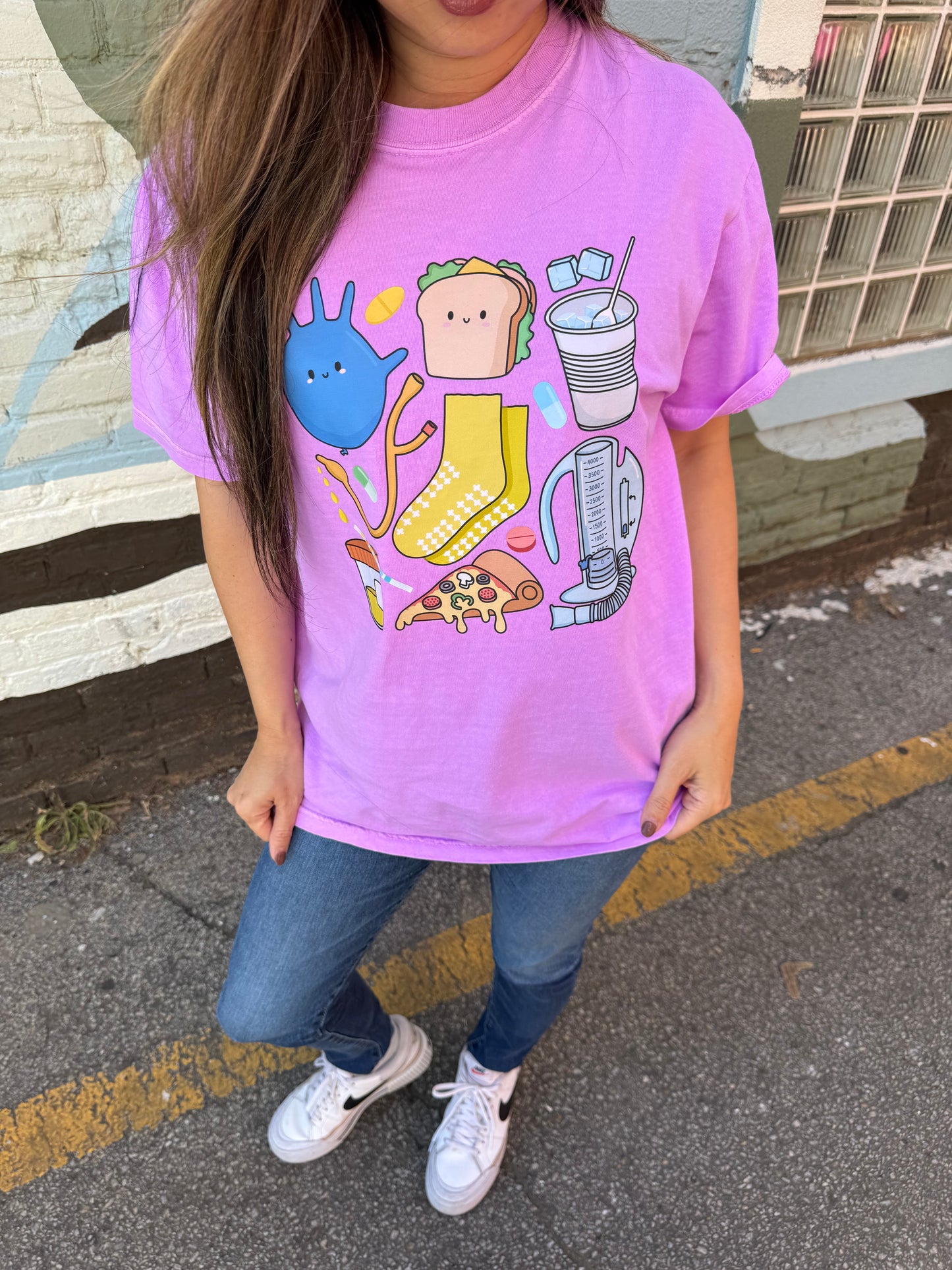 Woman wearing Scrubhacks Collab: Nurses Week Tee Shirt - Purple Short Sleeve