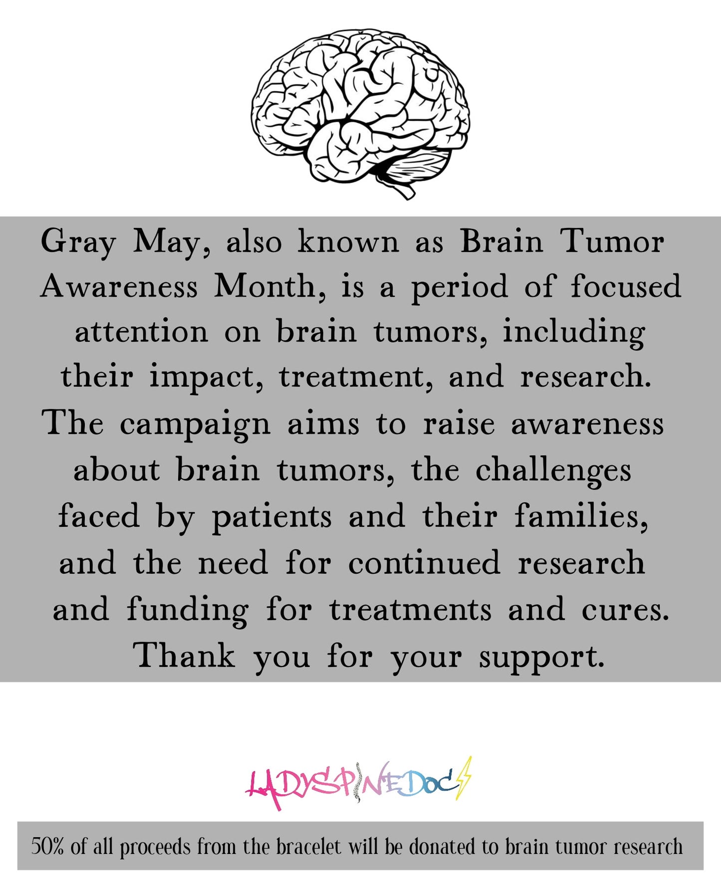 Gray May / Brain Tumor Awareness card included with the Glioblastoma Awareness Bracelet