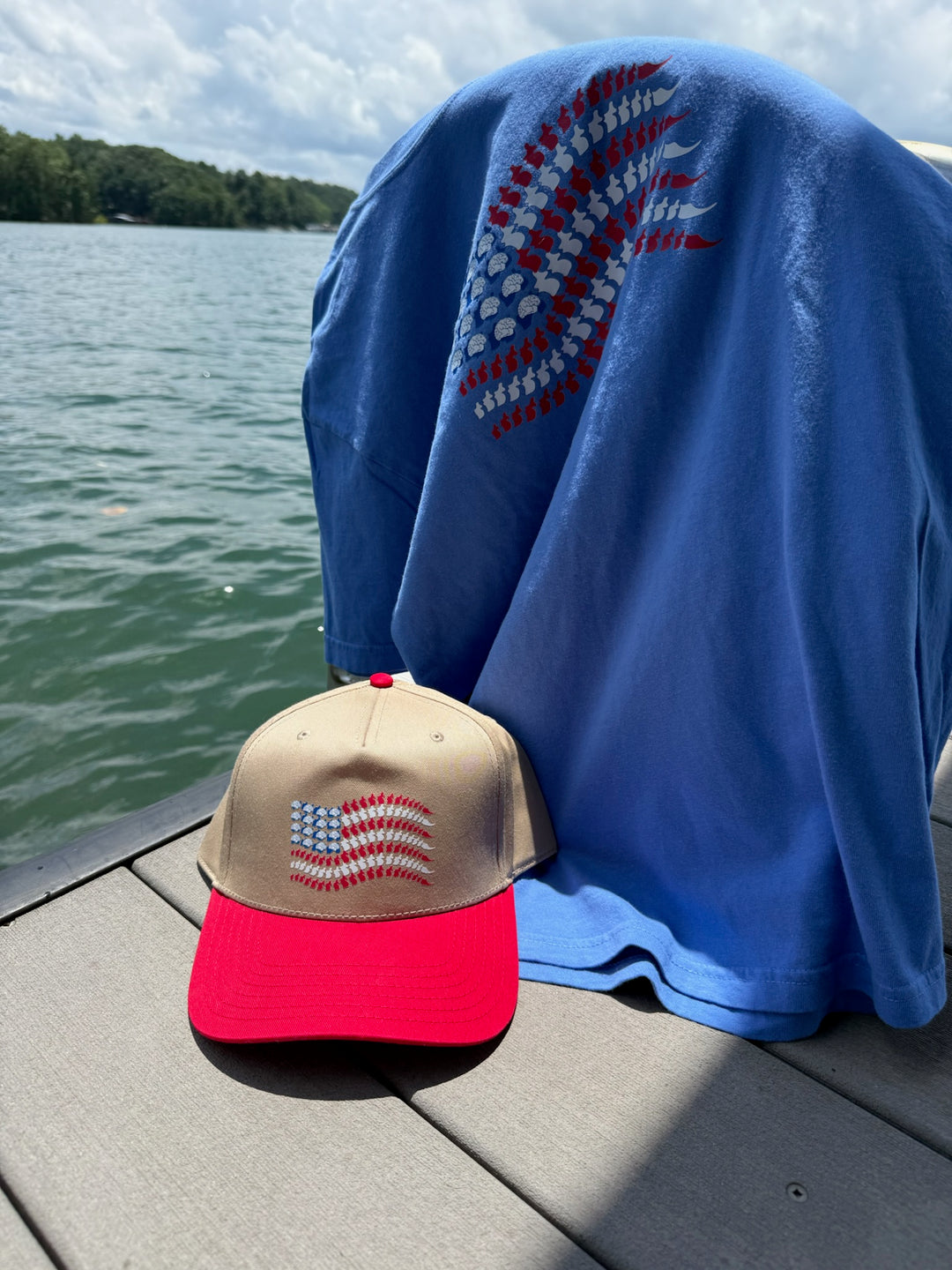 Ball cap placed in front of matching t-shirt on dock, both showcasing brain and spinal cord flag design.