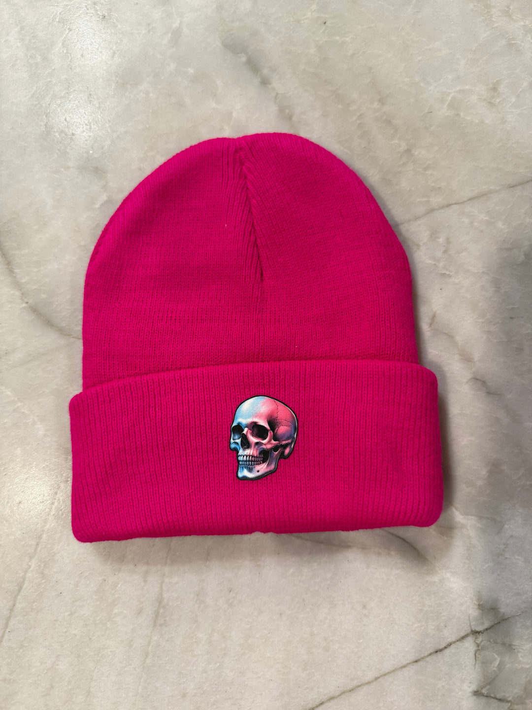 Super Skull Beanie - Hot Pink Hat with Colorful Skull Emblem
