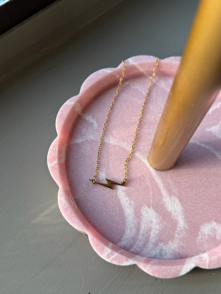 Ladyspinedoc Gold Lightning Bolt Necklace in round pink tray