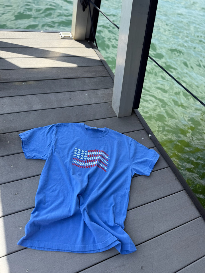 Blue brain-and-spine flag tee on a dock near green water, casual summer scene.