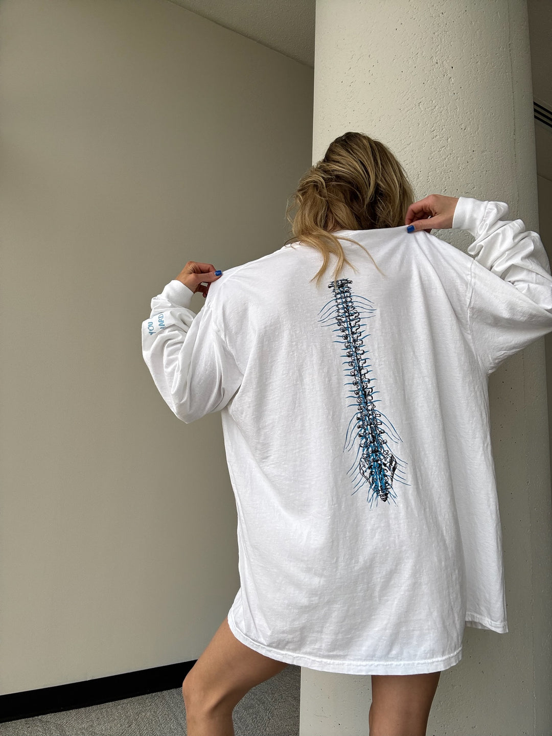 Spinal Strength Long Sleeve Tee Shirt - White with Spine Design