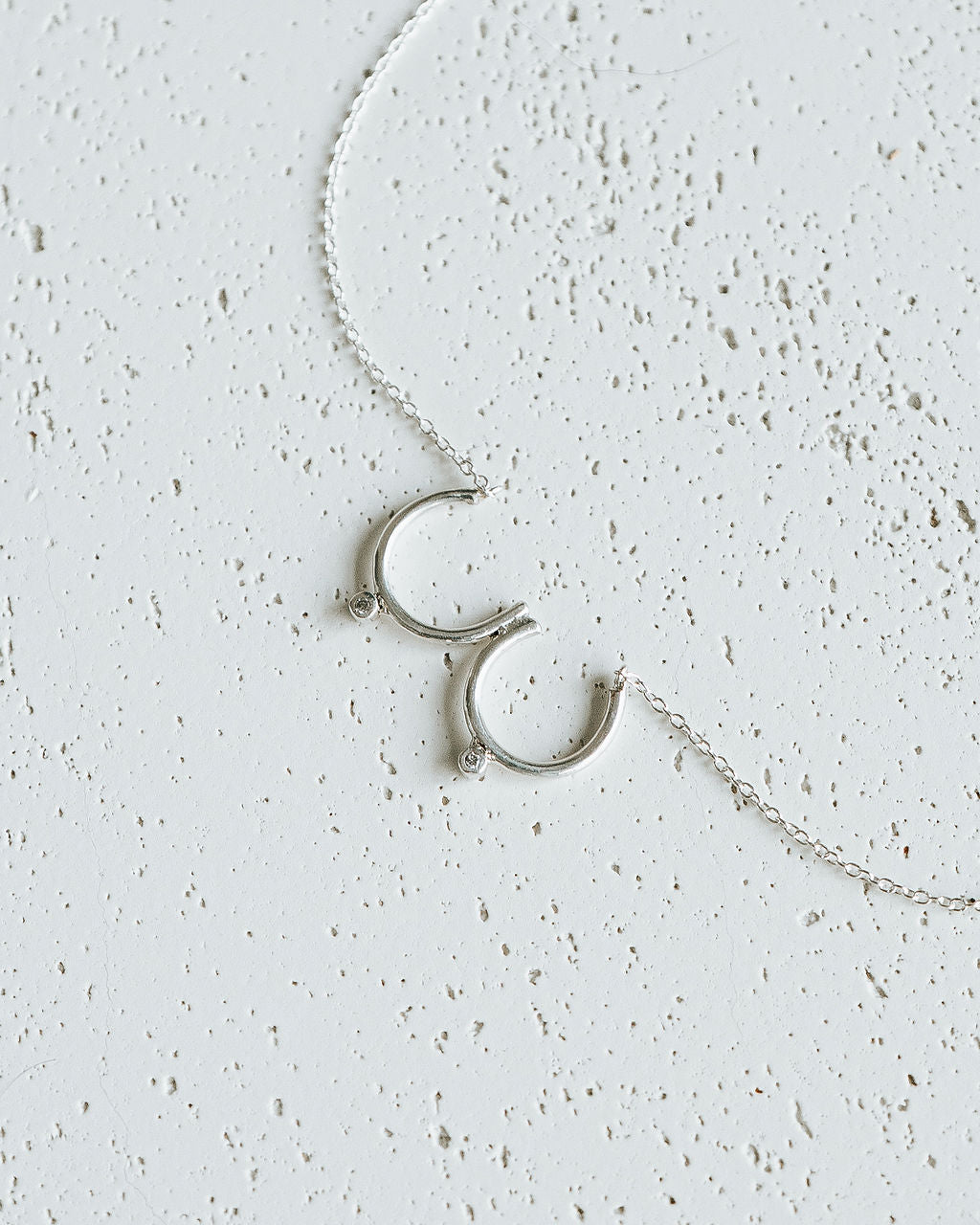 Flat lay of silver Bust Necklace with Diamond Nipples