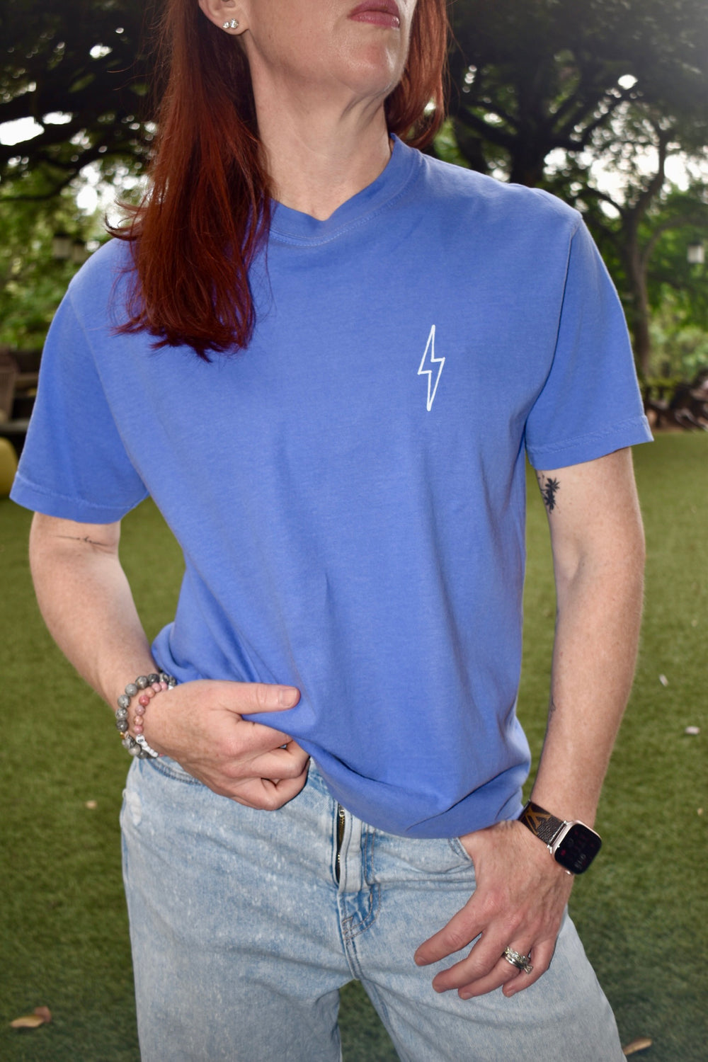 Close-up of The Incredible Tee’s front lightning bolt detail and relaxed fit.