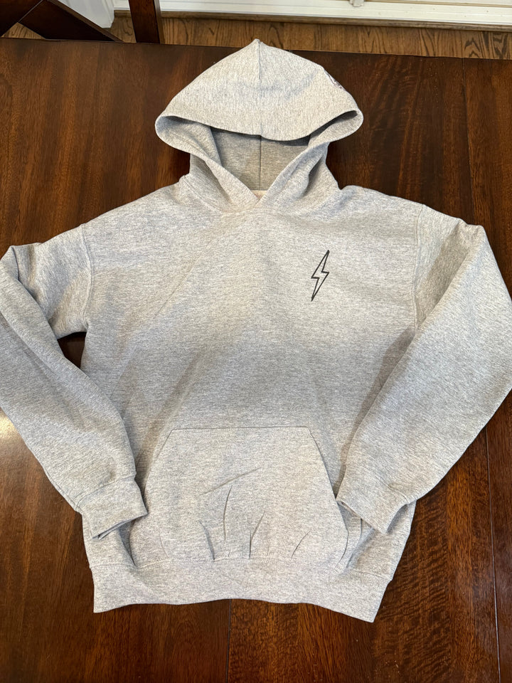 Light gray hoodie with a black lightning bolt on the upper left chest and kangaroo pocket.