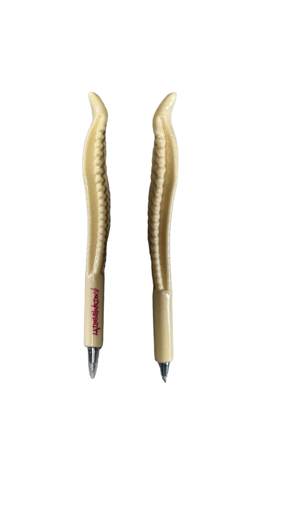 Two Spinal Stylus Pens side-by-side on white background, showing full spine detailing and Ladyspinedoc logo.