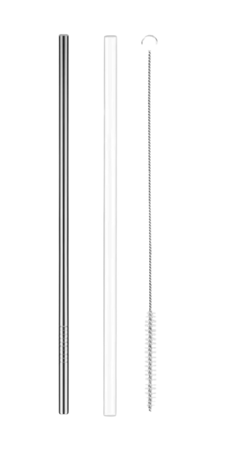 Big Brain Energy Cup accessories included: stainless steel straw, clear plastic straw, and straw cleaning brush