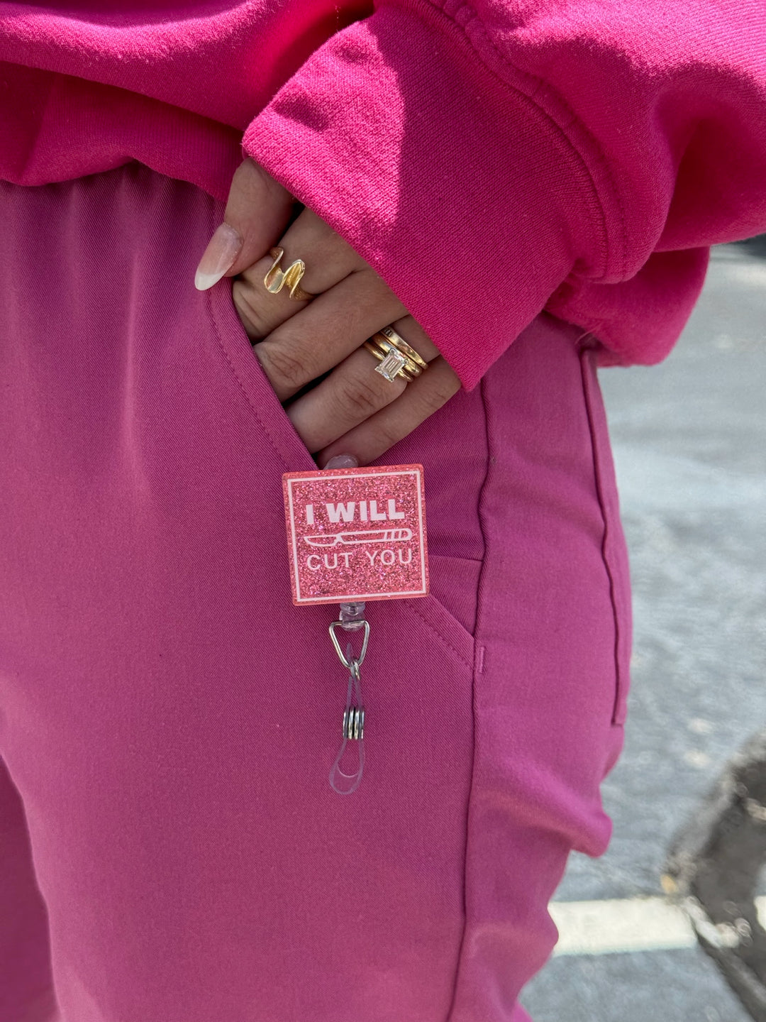 Dr. Daisy Collab: Pink "I WILL CUT YOU" Badge Reel