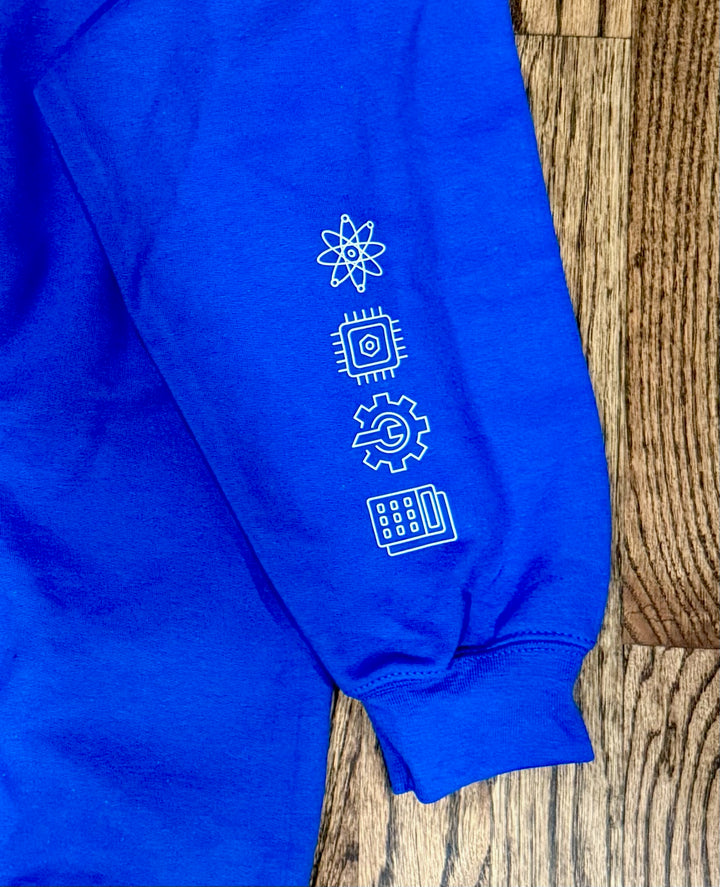 “Women in STEM” Sweatshirt showing close-up view of the STEM icons of Science, Technology, Engineering, and Mathematics displayed on the left sleeve.