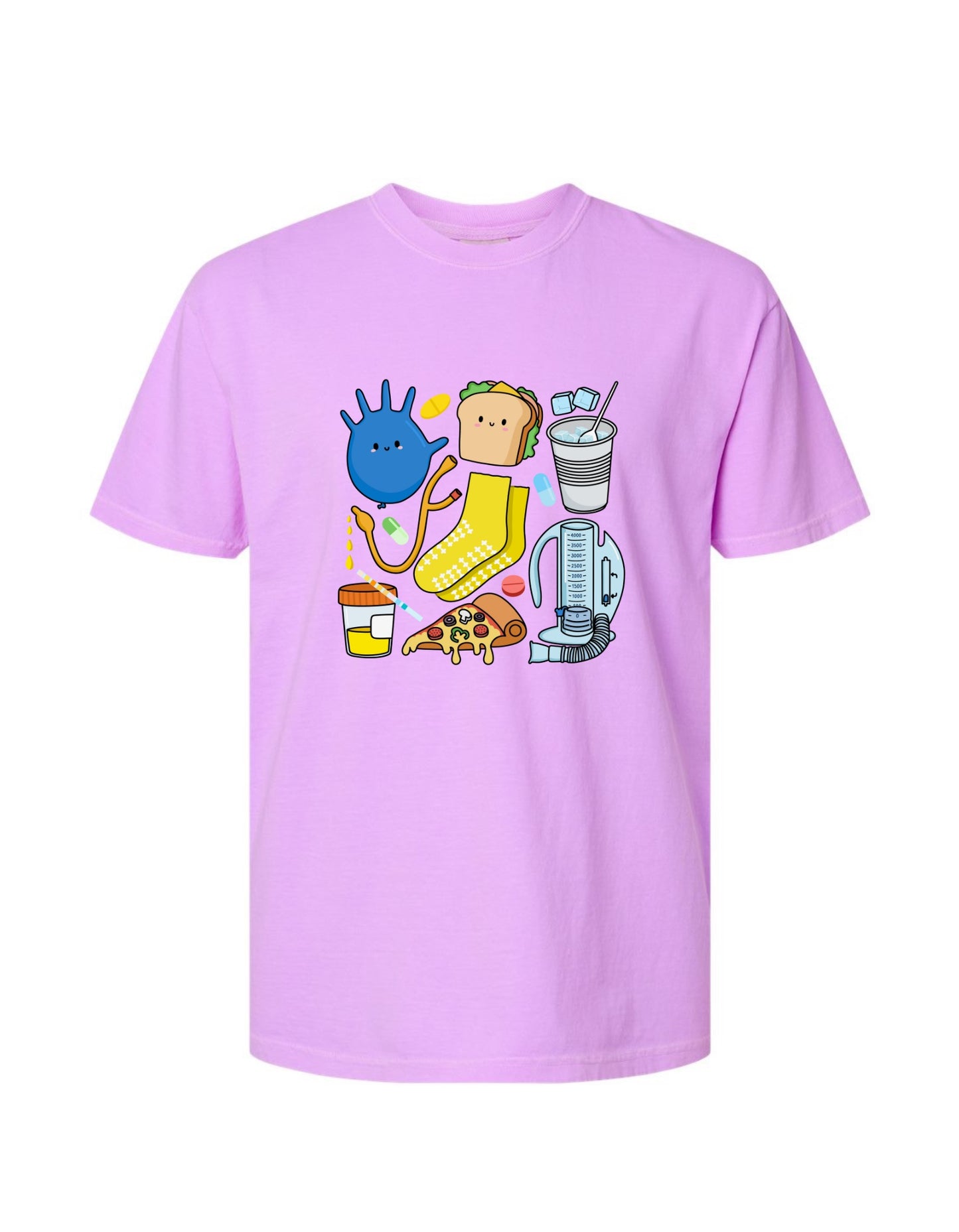 Flat lay of purple short-sleeve t-shirt with colorful cartoon illustrations of nursing essentials like a rubber glove, Foley catheter, meds, grippy socks, pizza, urine sample, and more.