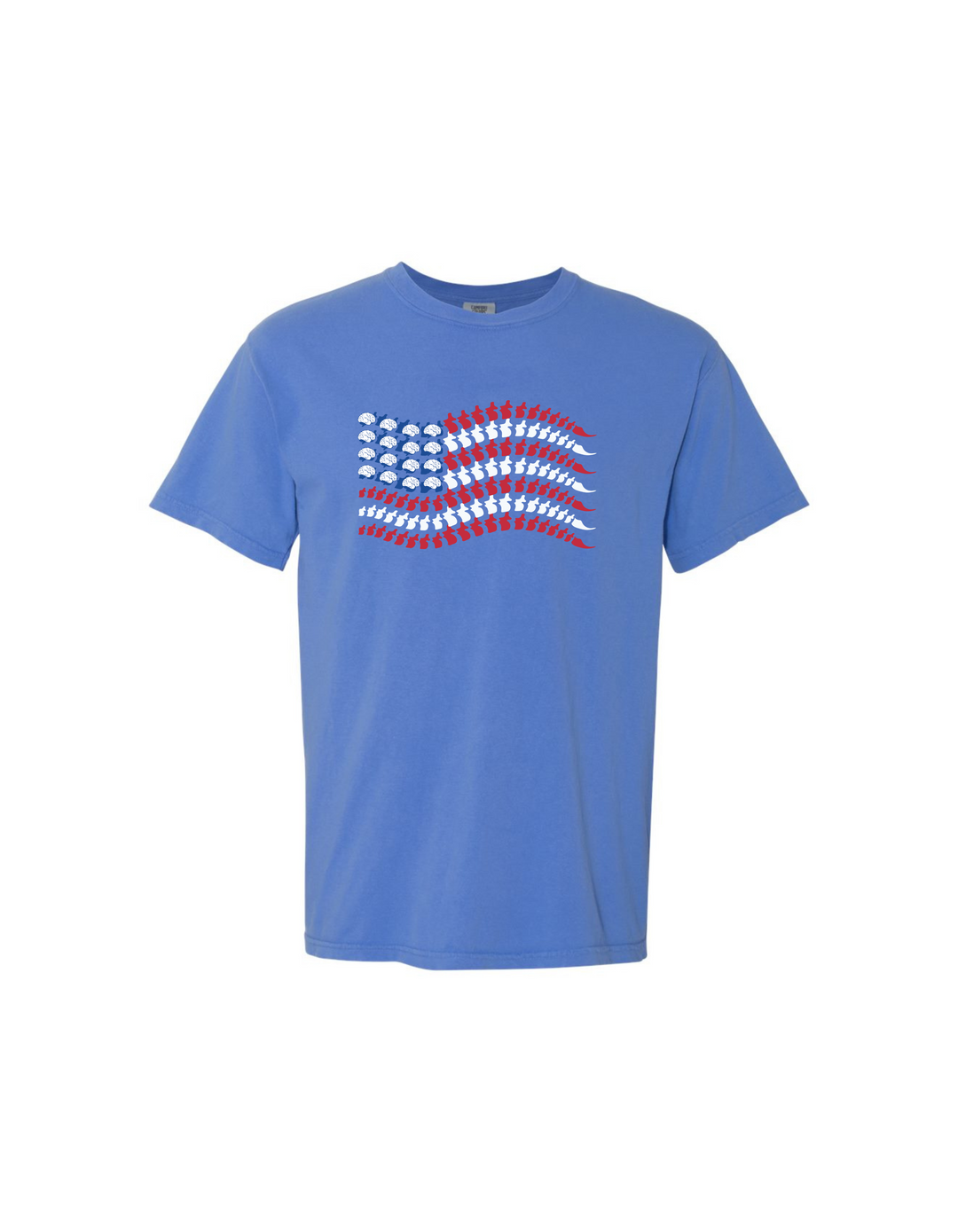 Blue t-shirt with American flag design made of brains, spines, and sacrum tailbones, laid flat on white background.