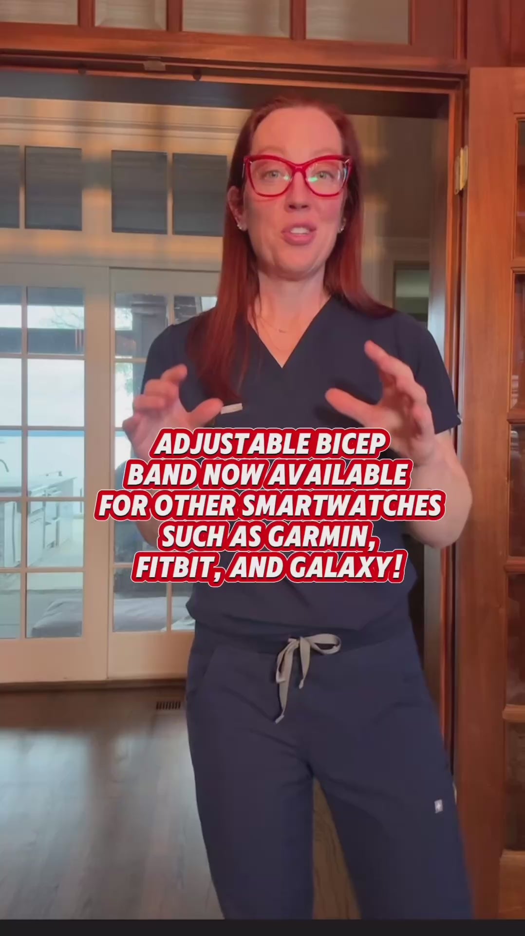 Dr. Betsy Grunch / Ladyspinedoc in a video overview of her Adjustable Bicep Smartwatch band and how it fits other smartwatches like Garmin, FitBit, and Galaxy.