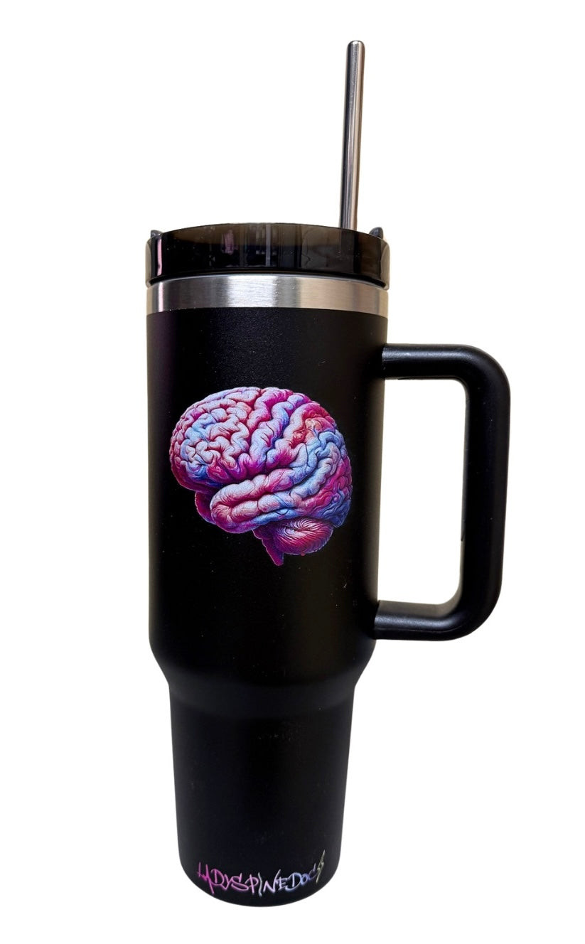 Front view of the Big Brain Energy Cup featuring a colorful anatomical brain design and Ladyspinedoc logo