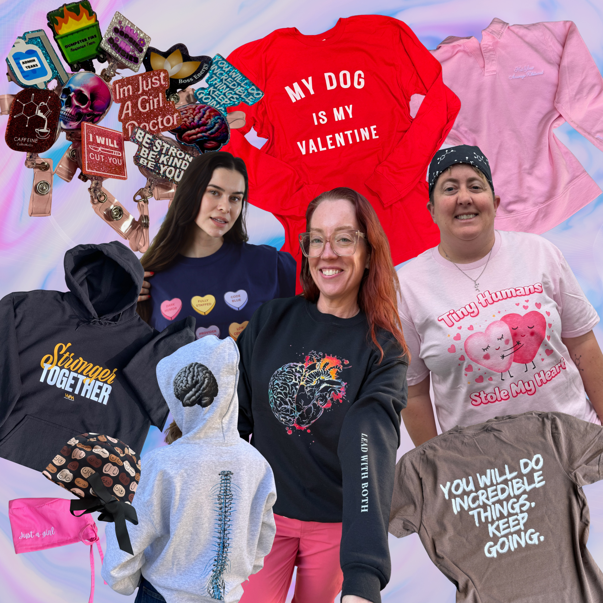 gray sweatshirt with "be strong. be kind. be you." and sage green sweatshirt with the same phrase on it.