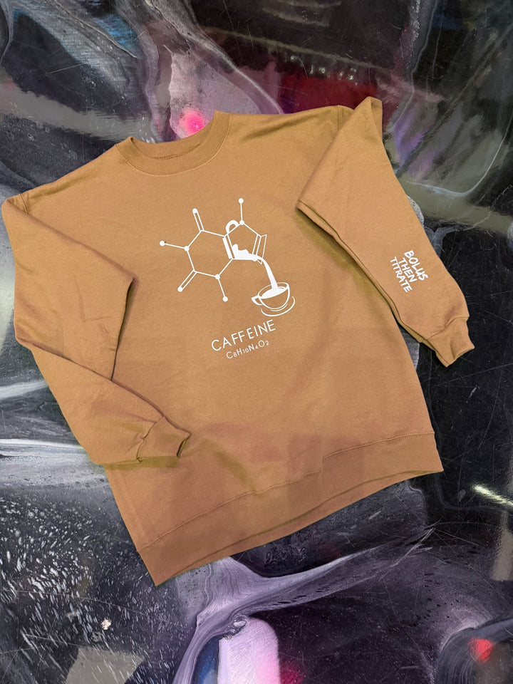 Flat lay of Enerjava Crewneck Sweatshirt - Brown Shirt with Caffeine Molecule Design for Coffee Lovers