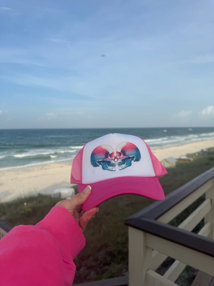 Cranial Love Trucker Hat | Pink Ball Cap with Skull Design