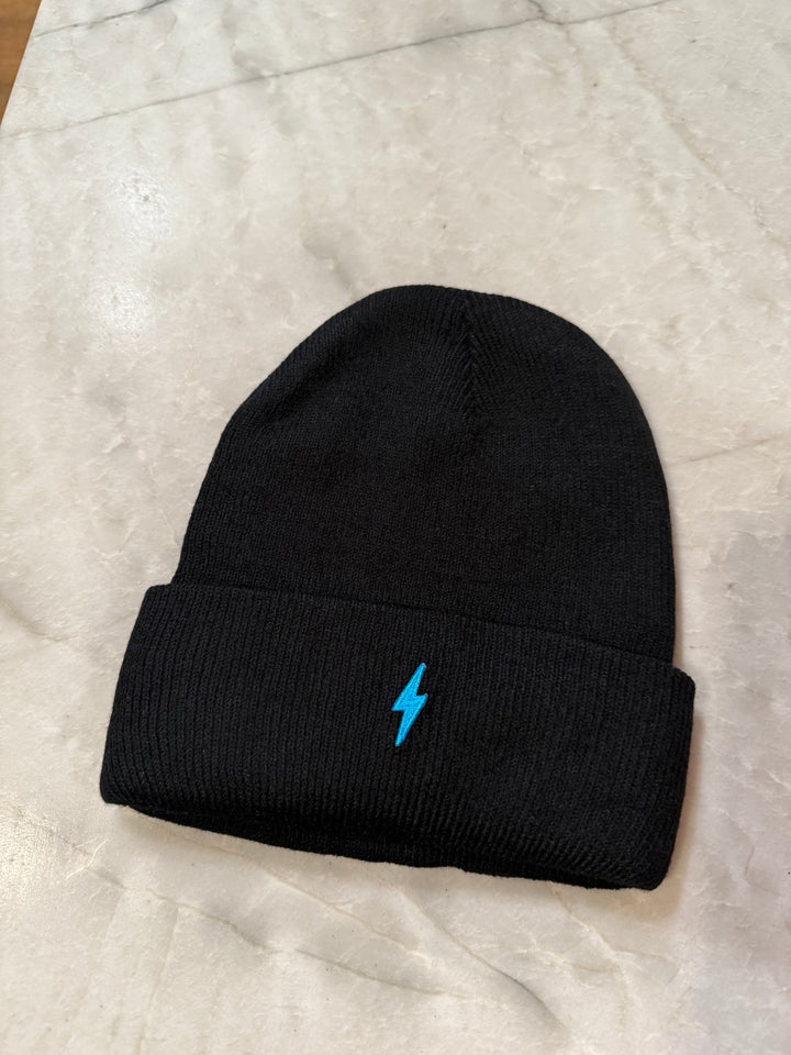 Power Surge Beanie - Black Hat with Blue Lightning Bolt Emblem