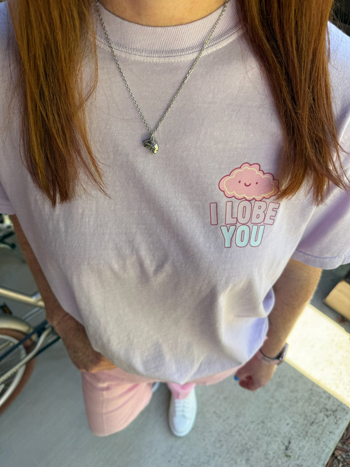 Ladyspinedoc wearing the Silver Brain Necklace and I Lobe You brain tee