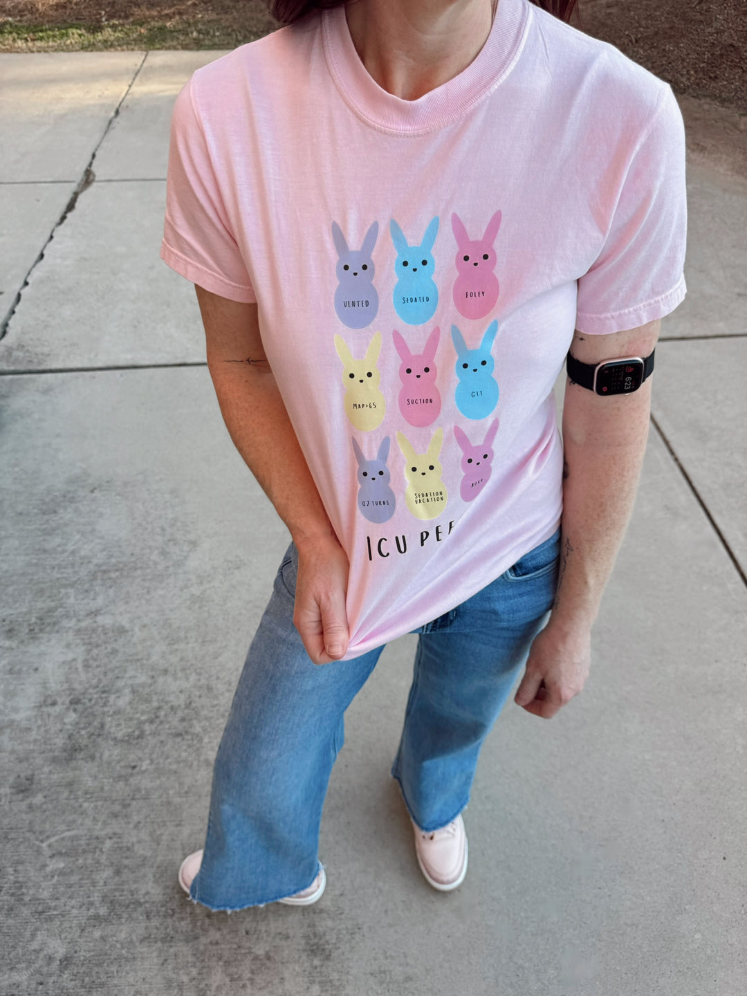 Close up of Ladyspinedoc wearing the  ICU Squad Tee – Pink Short Sleeve with Pastel Bunnies and ICU Lingo