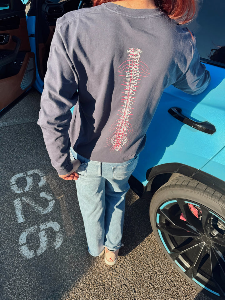 Spinal Strength Long Sleeve Tee Shirt - Navy with Spine Design