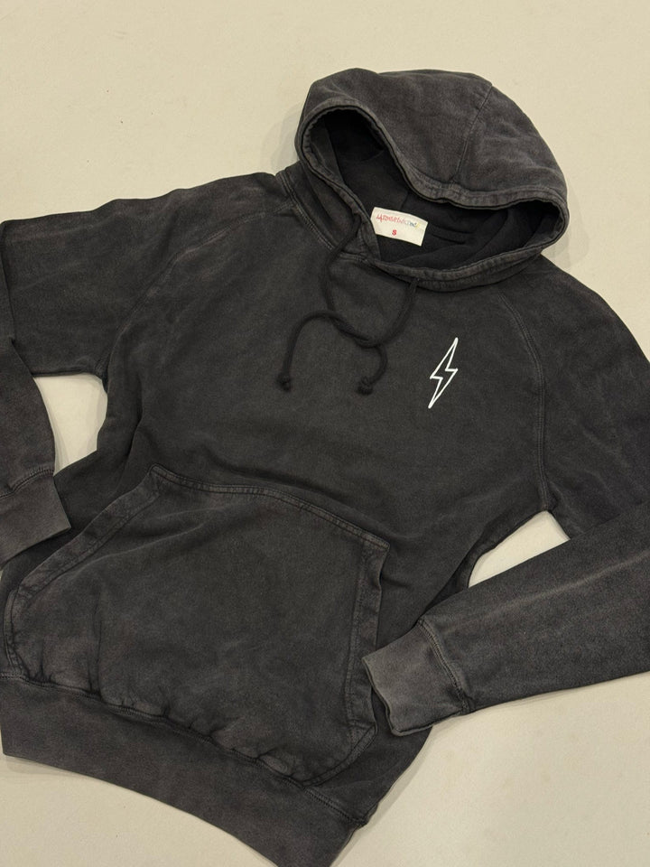Front flat lay of the dark gray Incredible Hoodie with white lightning bolt logo on chest and kangaroo pocket. 
