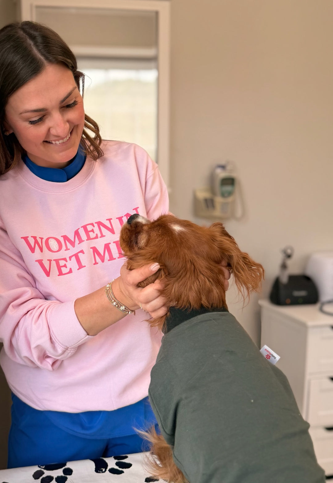 Dr Molly Brinkmann in a pink sweatshirt with 'Women in Vet Med' text holding a dog in a veterinary clinic.