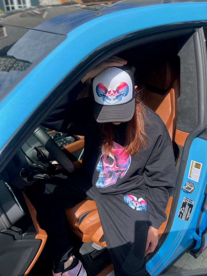 Cranial Love Trucker Hat | Black Ball Cap with Skull Design