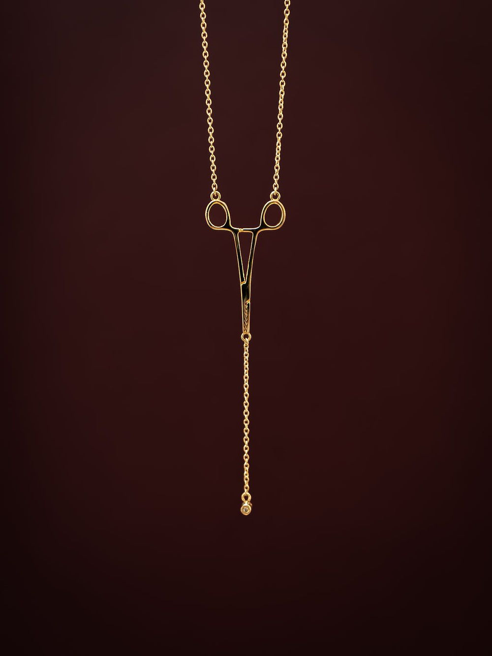 Close-up of gold Erin Necklace: Hemostat With Diamond Drop