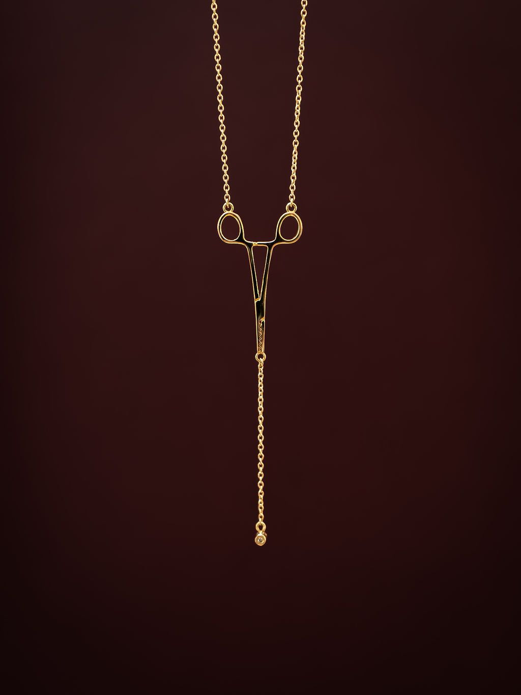 Close-up of gold Erin Necklace: Hemostat With Diamond Drop