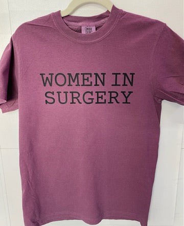 Burgundy t-shirt with 'WOMEN IN SURGERY' text on a white background
