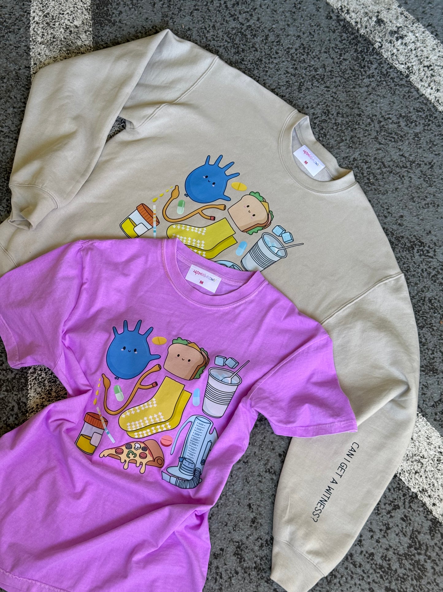 Flat lay of Scrubhacks Collab: Nurses Week Tee Shirt - Purple Short Sleeve AND Can I Get a Witness Crewneck Sweatshirt