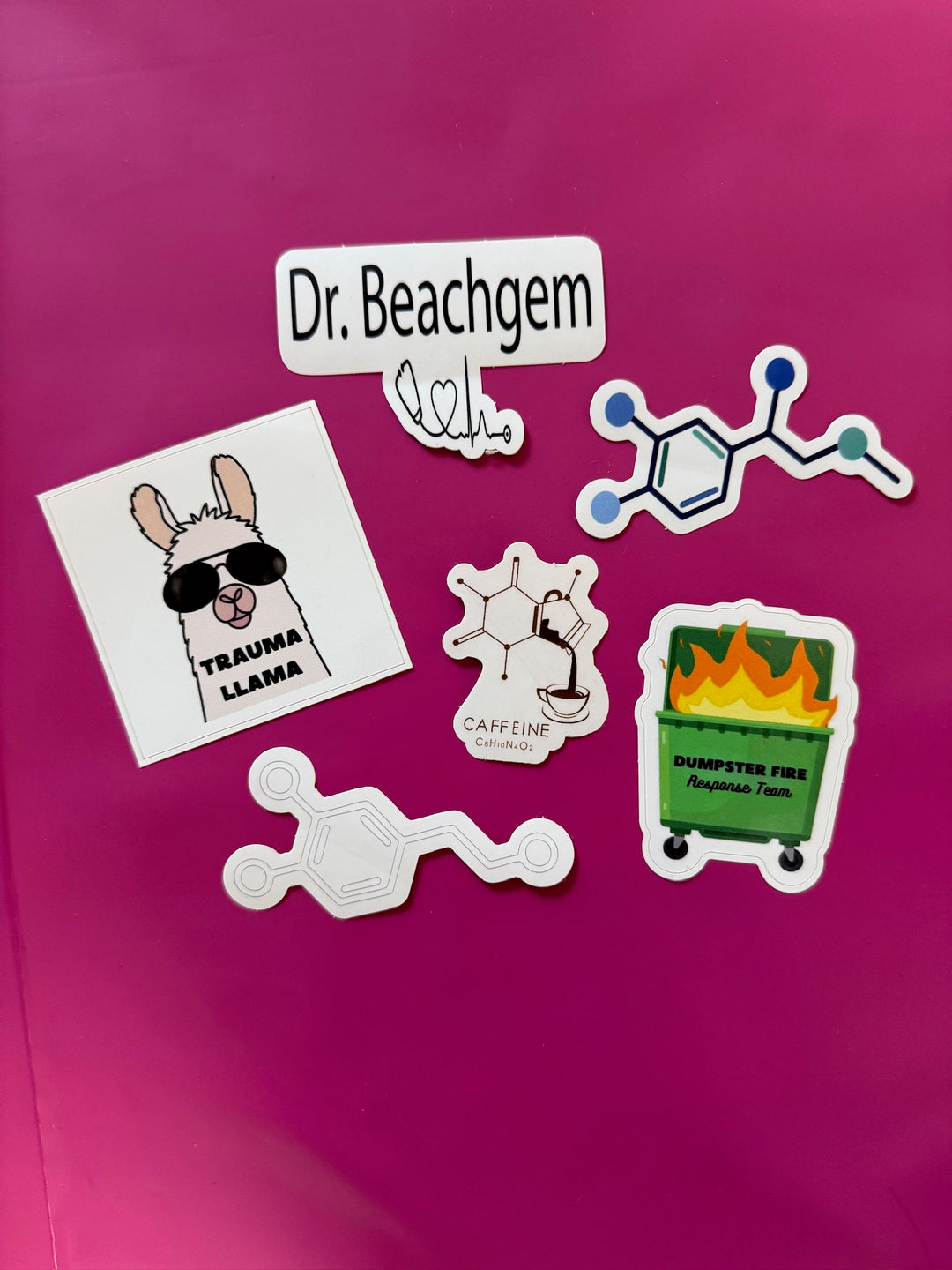Collection of Dr. Beachgem stickers on a pink background with 'Dr. Beachgem' branding.