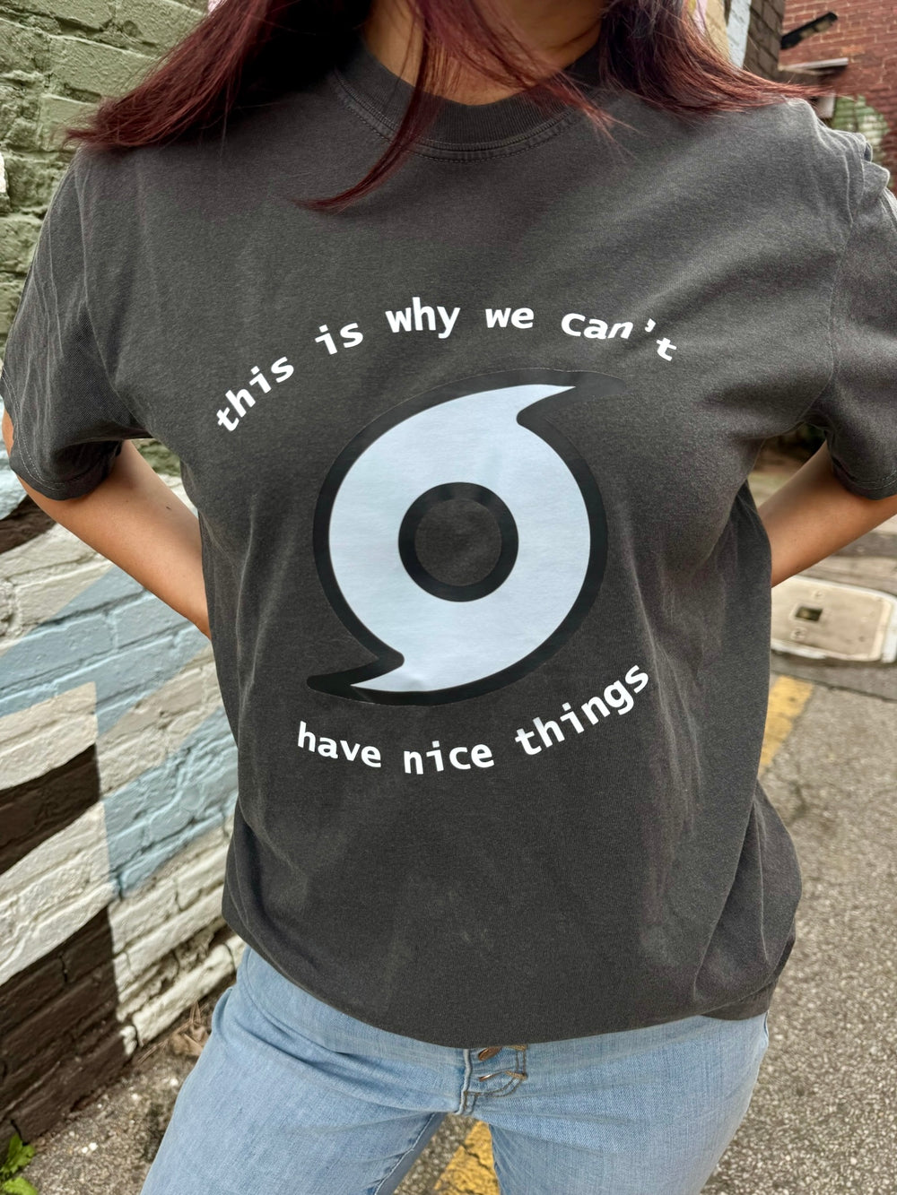 Person wearing a dark gray t-shirt with a hurricane graphic and this is why we can't have nice things text outdoors.