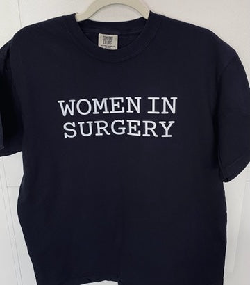 Black t-shirt with 'WOMEN IN SURGERY' text on a white background