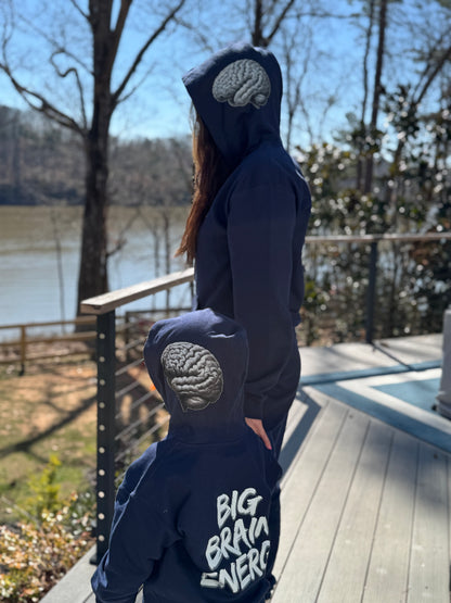 Close-up of the BIG BRAIN ENERGY hoodie’s left-side hood featuring a brain design on adult and child models. 
