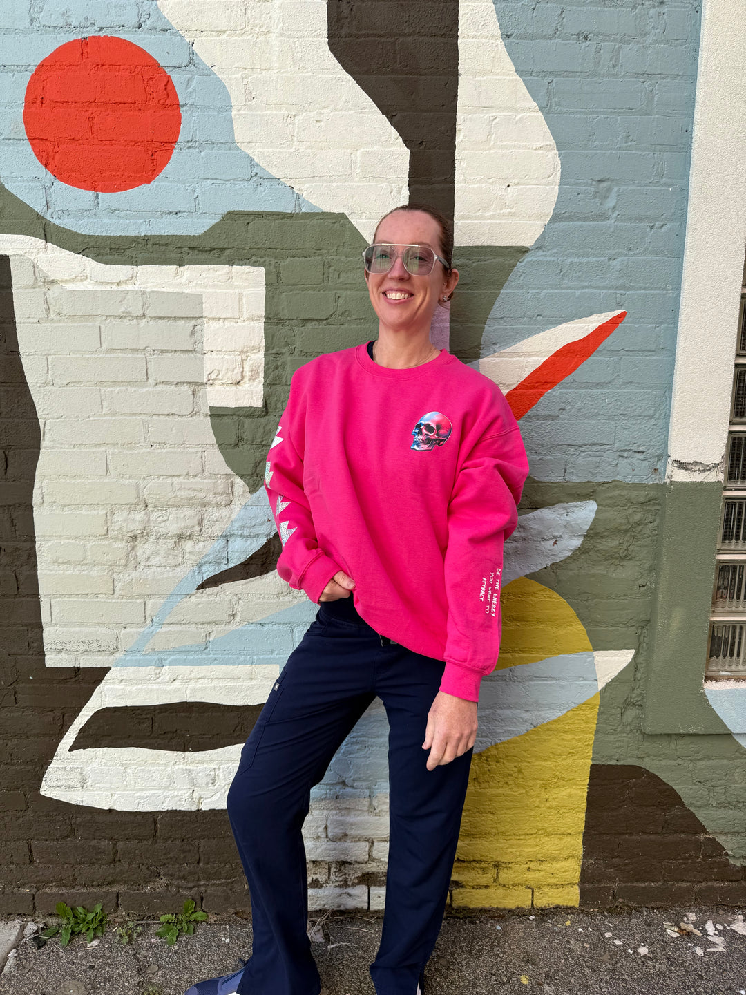 The Power Within Crewneck Sweatshirt - Pink Shirt with Lightning Bolts and Skull