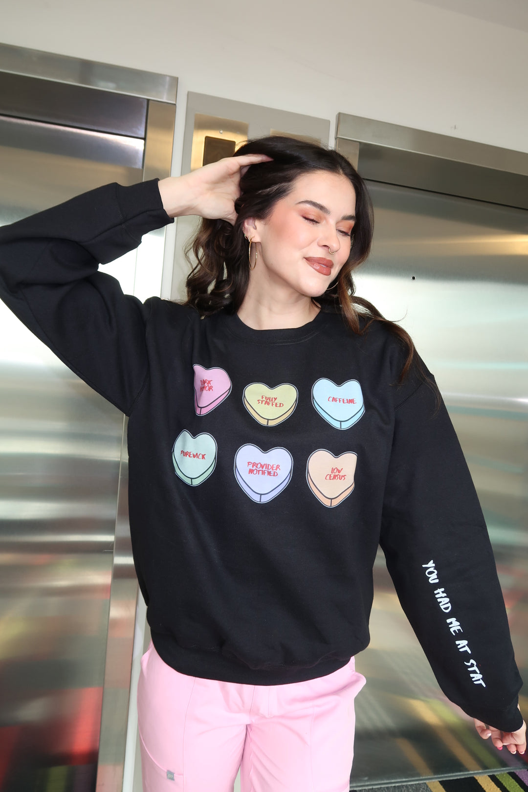 Scrubhacks Collab: You Had Me At Stat Crewneck Sweatshirt - Black with Nurse Humor