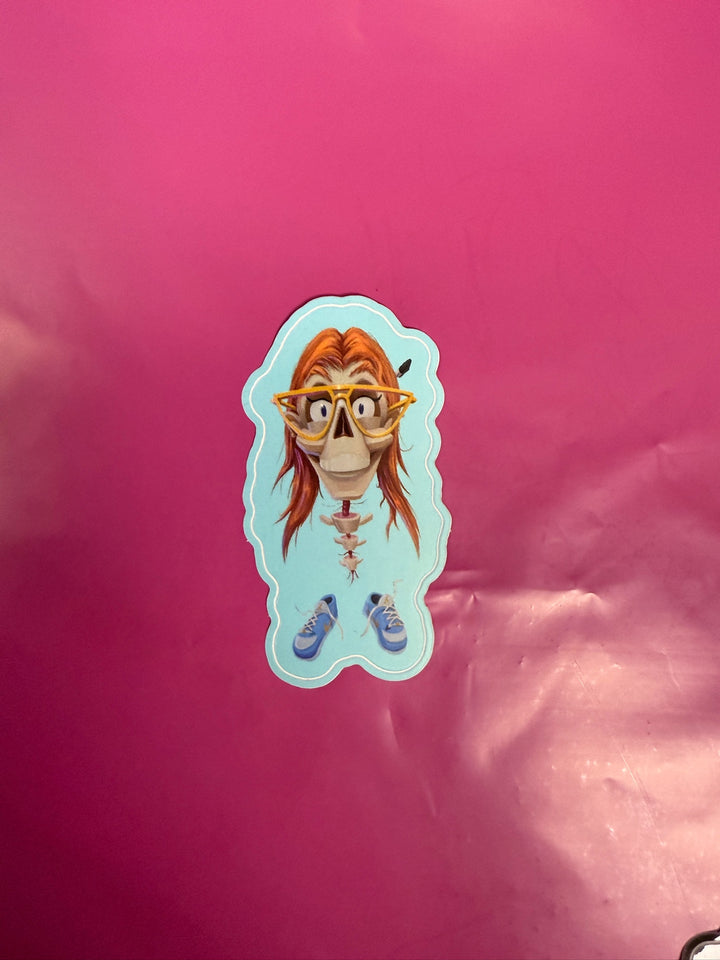 Comical Dr. Grunch sticker: Playful cartoon of Dr. Betsy Grunch showing a comical spine and skull with signature red hair, glasses, and trendy sneakers on blue background.