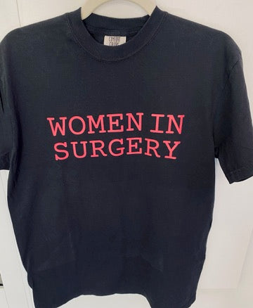 Black sweatshirt with pink 'WOMEN IN SURGERY' text in red on a white background