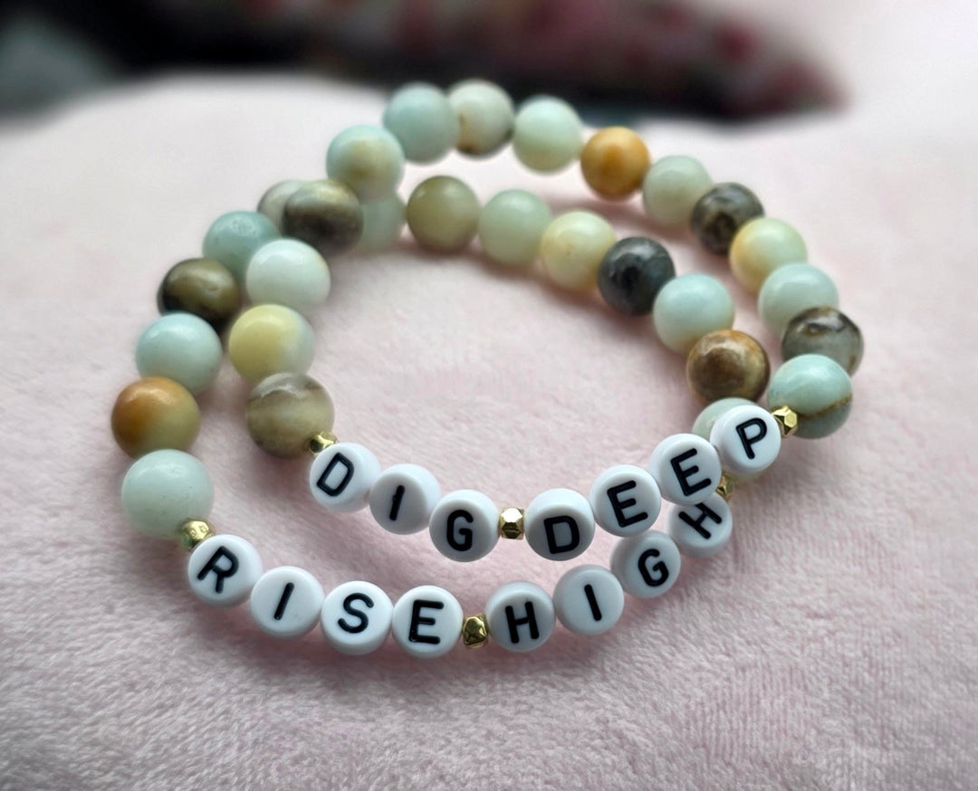 Close up of the Ladyspinedoc x Dr. Potter: Dig Deep. Rise High Beaded bracelet 