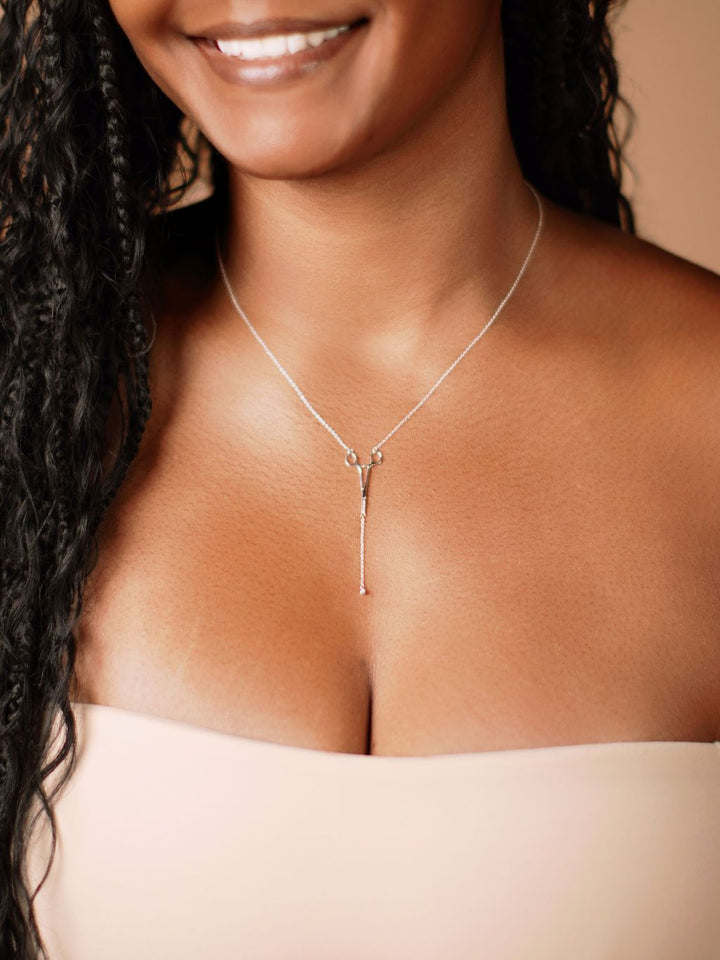 Sterling Silver Erin Necklace: Hemostat With Diamond Drop on model's neck