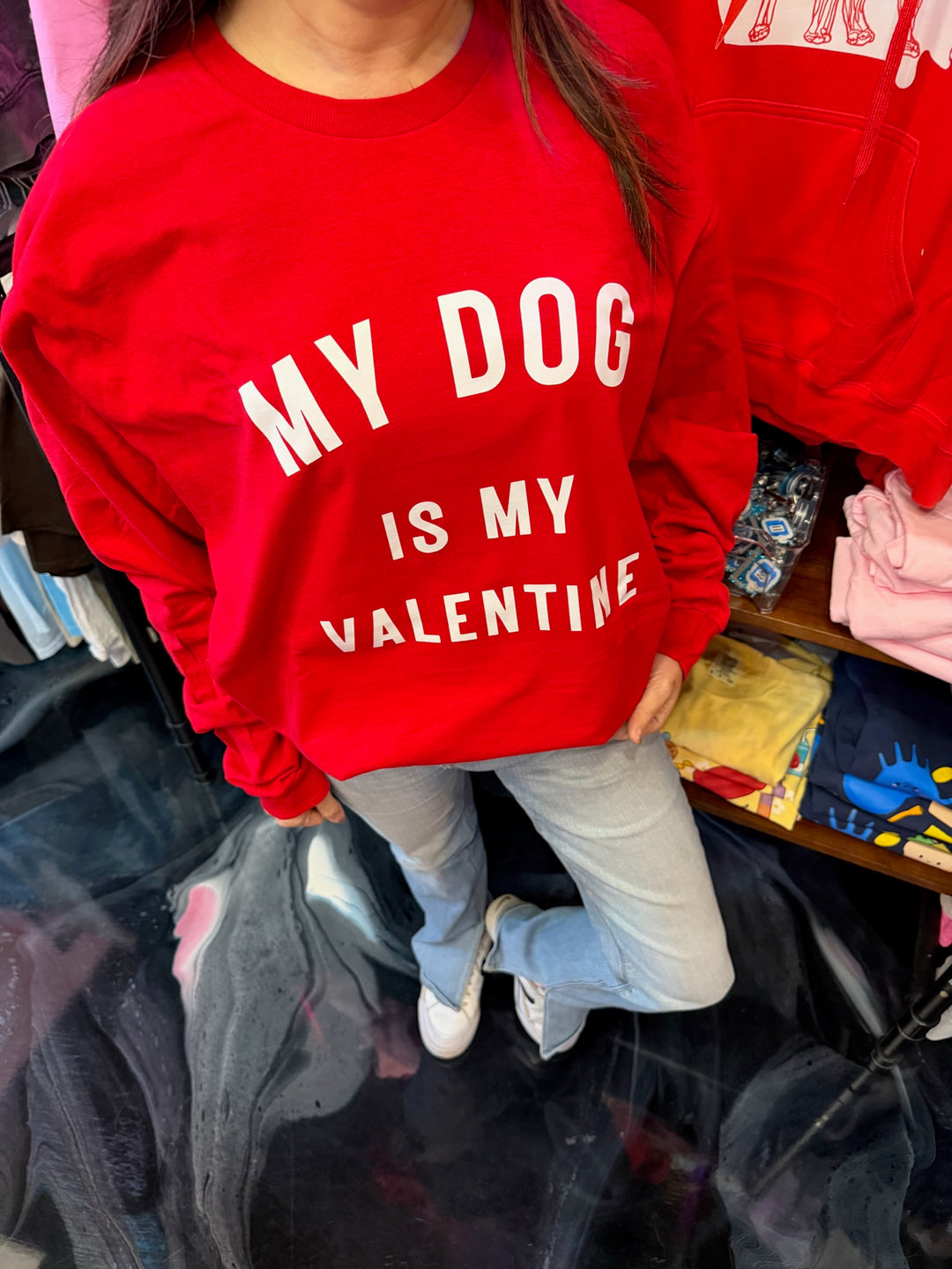 Model wearing 'My Dog Is My Valentine' Long Sleeve Red Tee Shirt