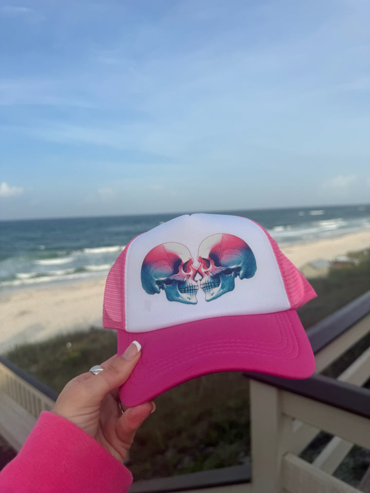 Cranial Love Trucker Hat | Pink Ball Cap with Skull Design