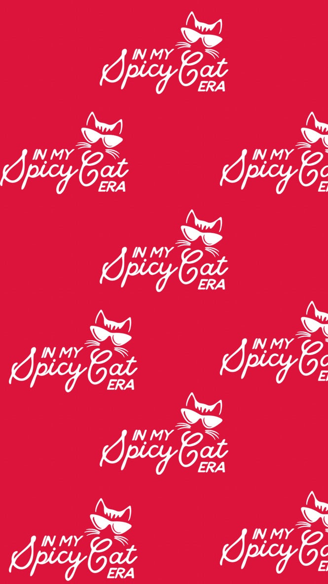 Pattern of 'In My Spicy Cat Era' text and cat illustrations on a red background