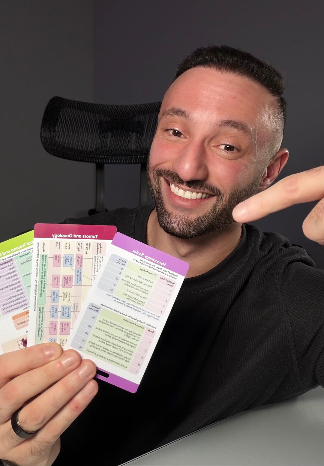 Dr. Z holding up colorful neurosurgery scrub cards against a dark background