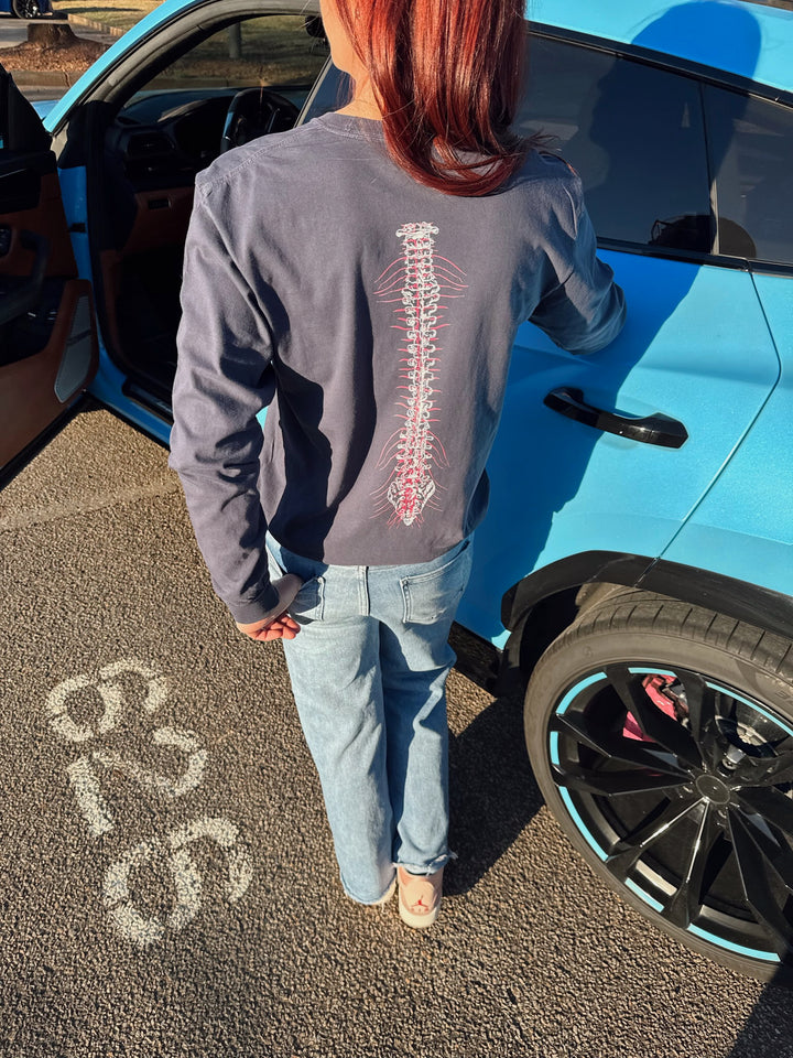 Spinal Strength Long Sleeve Tee Shirt - Navy with Spine Design