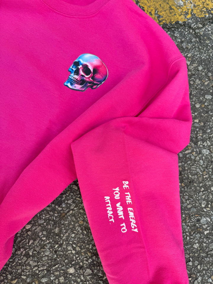 The Power Within Crewneck Sweatshirt - Pink Shirt with Lightning Bolts and Skull